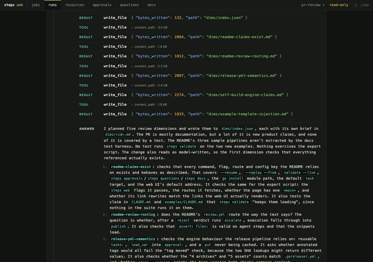 An agent step expanded in the transcript: the model's text, a tool call with its arguments, and the tool's result rendered as JSON